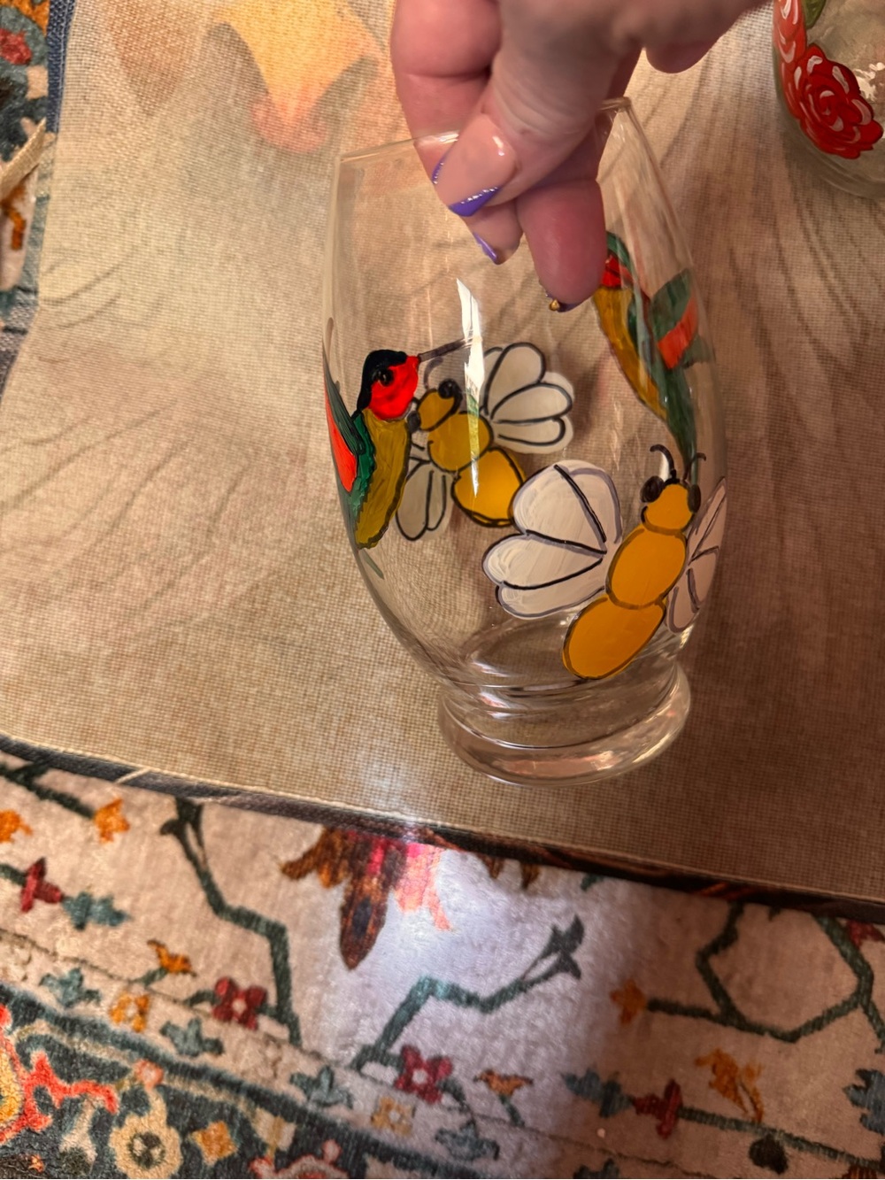 Hand-Painted Yellow Bee & Hummingbird Glass Vase